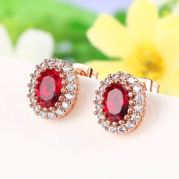 NEW Rose Gold Oval Diamond Halo Stud Earrings - Picture 5 of 8